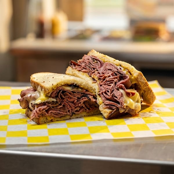 A pastrami and cheese sandwich, cut in half, sits on yellow and white checkered paper.